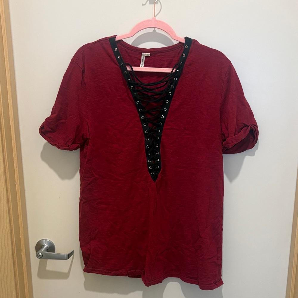Lace-Up V-Neck Red Tee